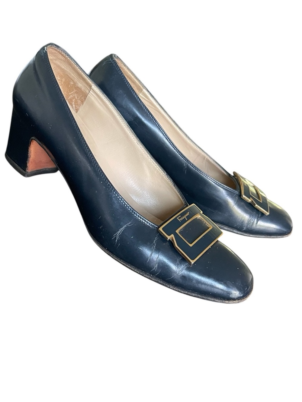 Vintage Salvatore Ferragamo Dark Navy Leather Signature Buckle Block Heel (5.5B)